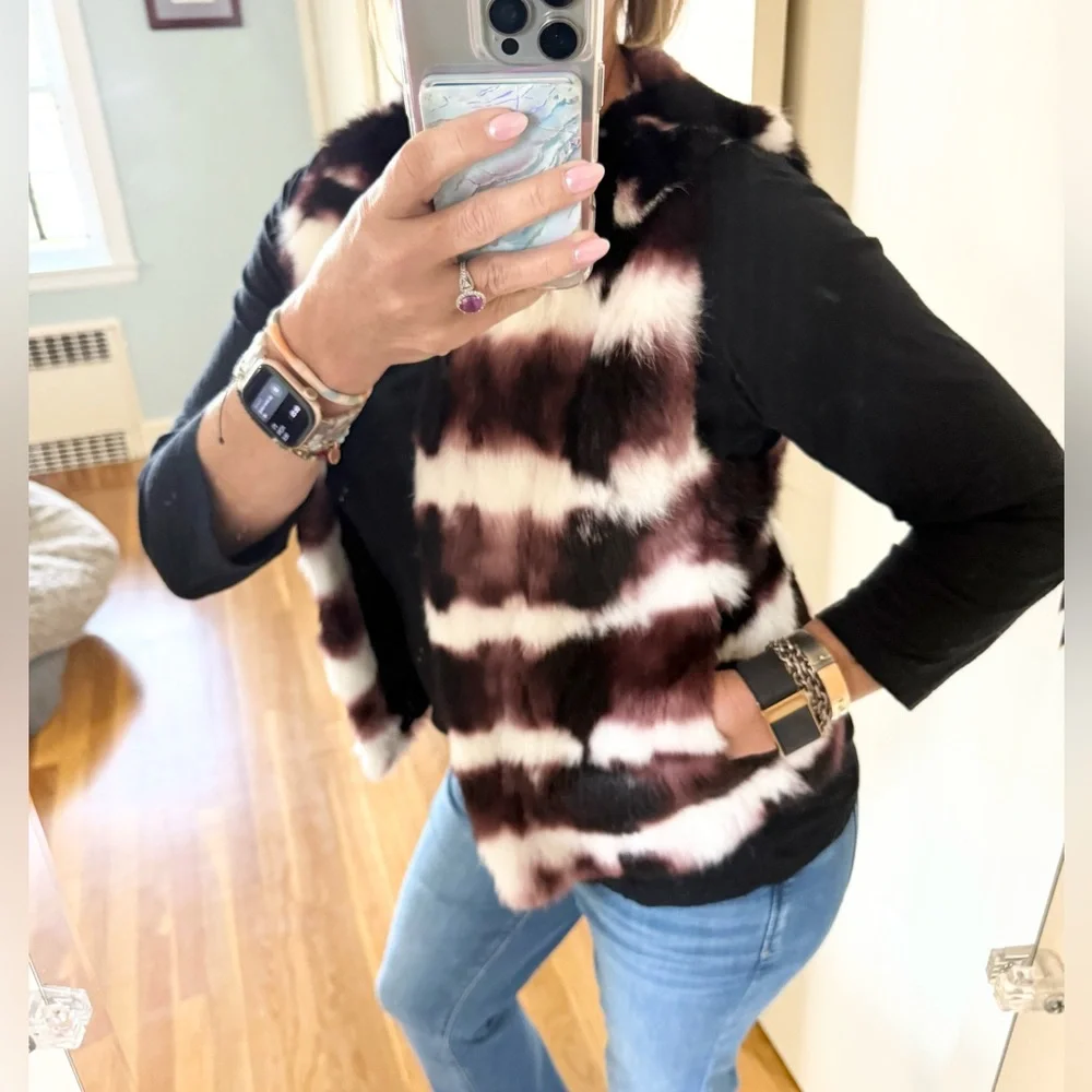 Haute Hippie Tie Dye Rabbit Fur Vest Merlot/white/black - Picture 4 of 12